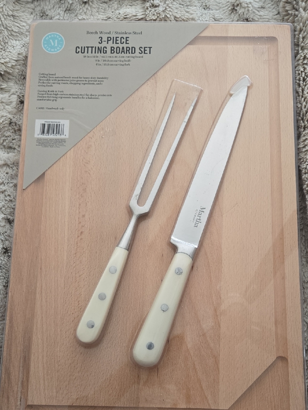 Martha Stewart Beech Wood Cutting Board Set with Cream-Handled Knife & Fork